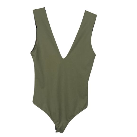 Free People Bodysuit Keep It Sleek Olive Green Thong Deep V Boho Versatile SZ S - Picture 2 of 9